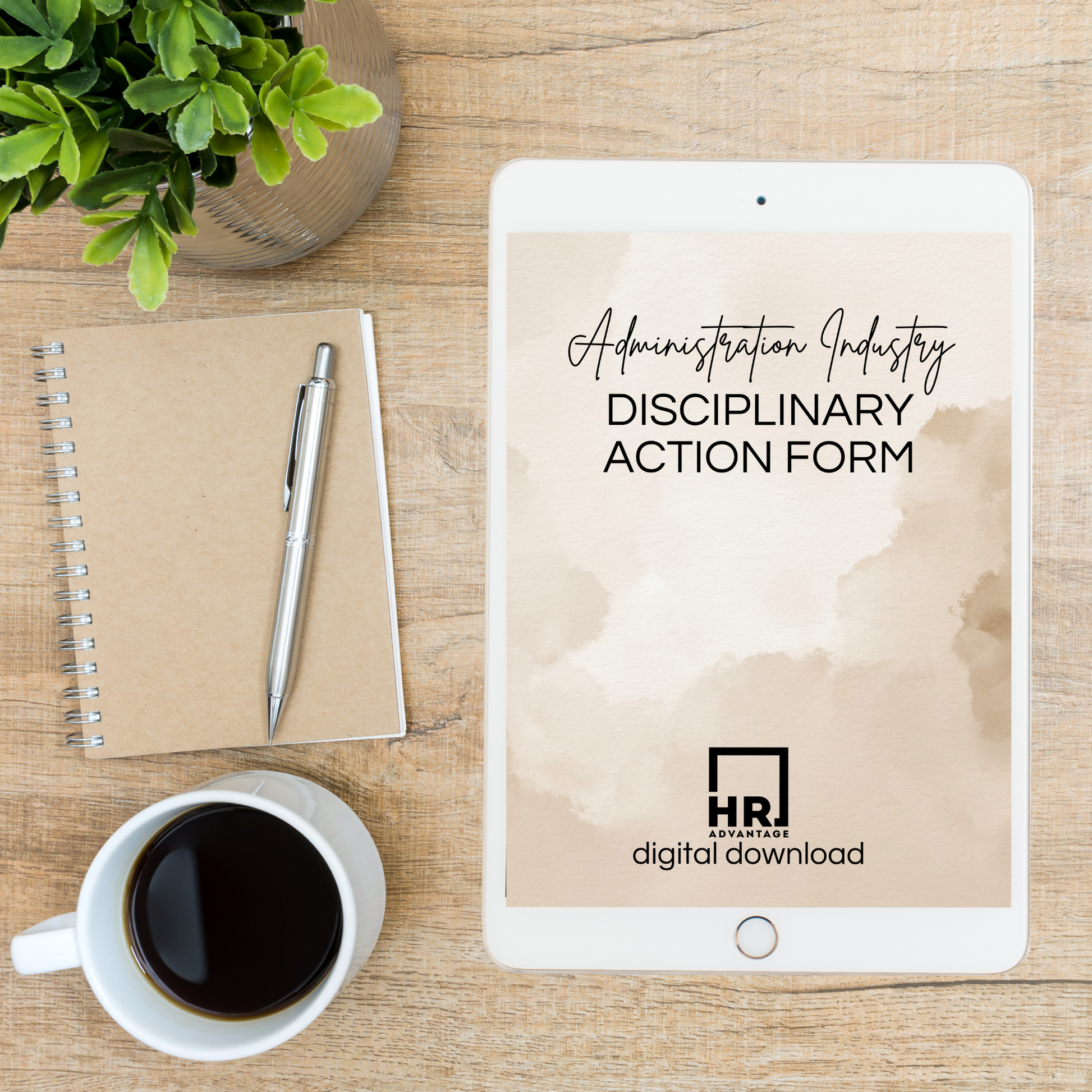 Computer and tablet displaying a digital template titled 'Administration Industry Disciplinary Action Form,' showcasing a professional document layout for HR use