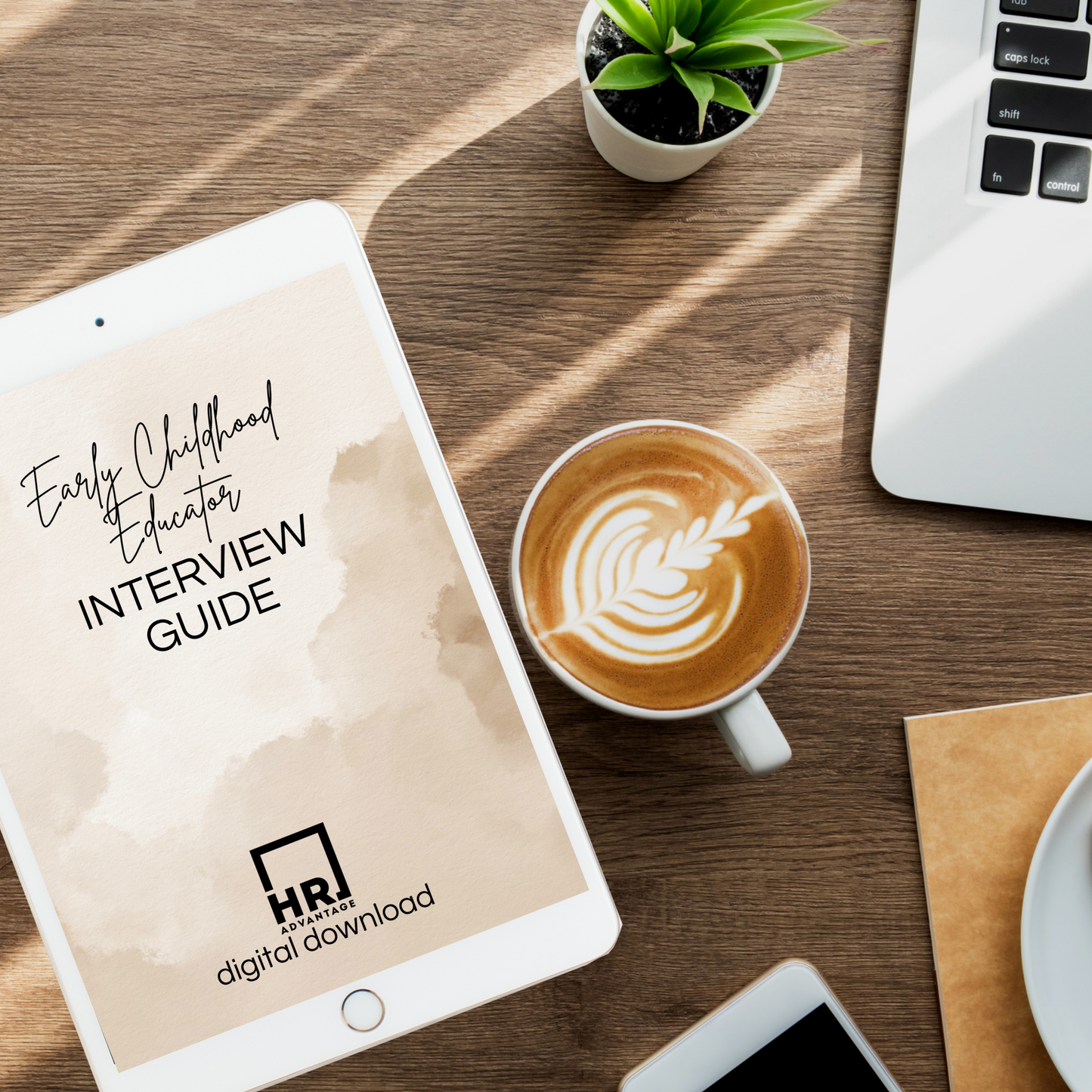 Computer and tablet displaying a digital template titled 'Early Childhood Educator Interview Guide' showcasing a professional document layout for HR use